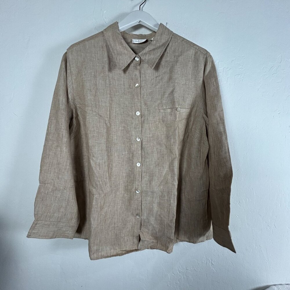 Studio Works Women Linen Button-Up Shirt Size 2X Beige Long Sleeve Casual Pocket